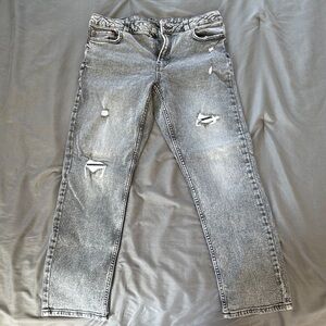 Zara Gray Distressed Straight-Leg Jeans